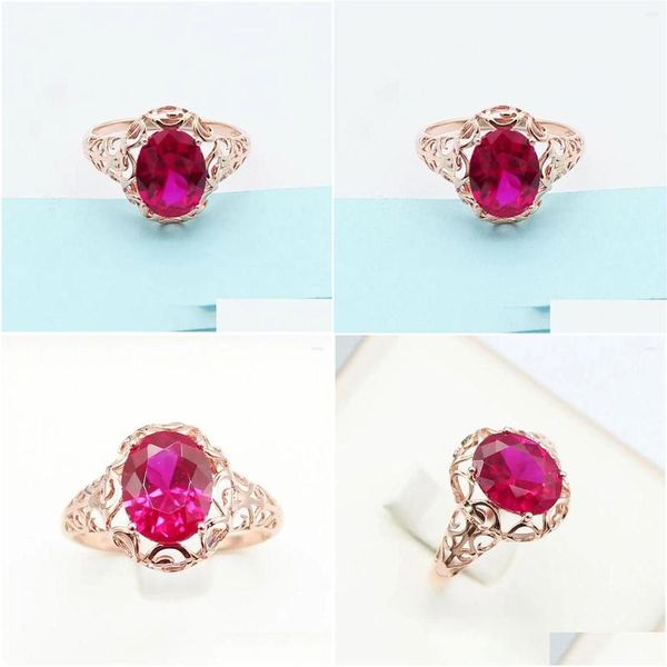 Clusterringe 585 Lila Gold 14K Rose Eingelegtes ovales Ruby -Verlobungsring hohl Handwerkskunst Elegant und einzigartiger Charme Damen Juwely D DHPBA