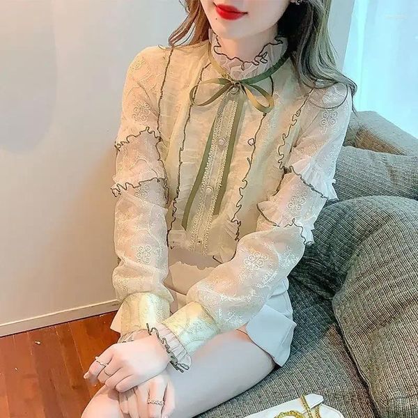 Blouses feminina Blush Blouse Stand Stand Camisam Camisas Mulheres 2024 Botão Coreana Camisa Loja Mulher Hollow Casual Ladies T308