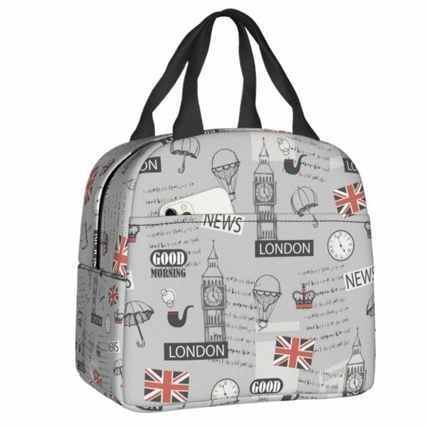 Retro LD British Pattern Изолированная сумка для ланча Великобритания Великобритания водонепроницаемая тепловая коробка для женщин для женщин.