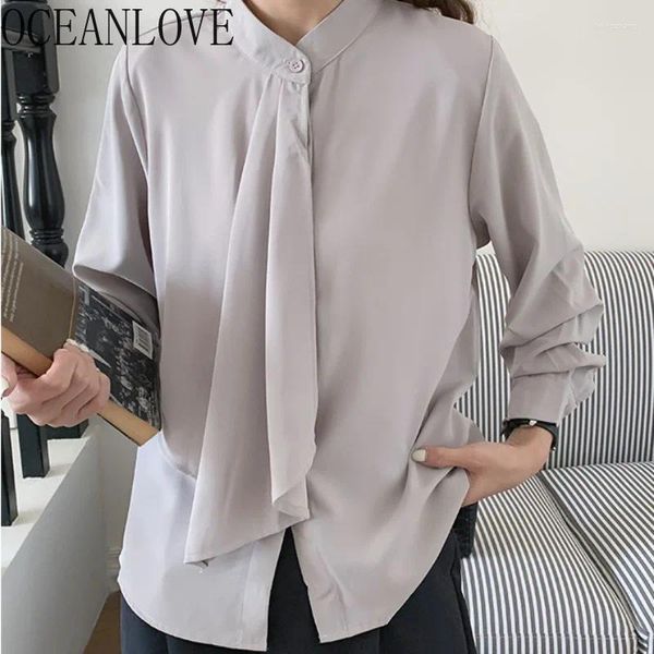 MUSTICHE DONNE DONNA OCEANLOVE Chiffon Donne Tops Office Lady Spring Autumn Giapponese SEMPLICE BLUSA Mujer Eleganti camicie solide