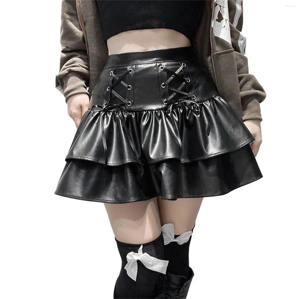 Röcke Frauen dunkle gotische künstliche Leder Minirock Hip Hop Punk Doppelschicht plissierte Taille Streetwear Reißverschluss sexy sexy