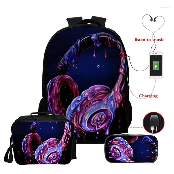 Rucksack 3D -Farb Ohrhörer Rucksäcke Schülern School Rucksack Eco Thermo Bags Kinder Penbag Mochila Hombre für Jugendliche Mädchen Junge