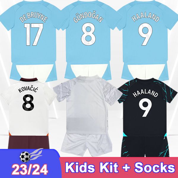 23 24 de Bruyne Haaland Kid Kit Maglie da calcio Grealish Doku Rodrigo Walker Ake Bernardo Carson a casa 3a edizione speciale per bambini camicie da calcio