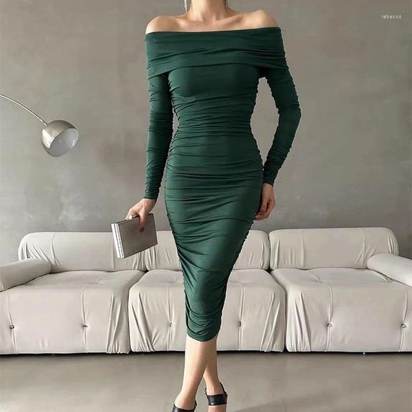 Lässige Kleider eleganter Slash Neck Bodycon Midi Kleider Frühling Frauen Kausale Langarm -Schalparty Herbst Mode drapierte solide schlanke Passform