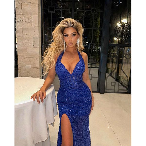 Mavi Amanda Safir Akşam Seksi Spagetti Strap Fishtail Prom Glitter Denizkızı Elbise Yüksek Bölünmüş Resmi Gowns