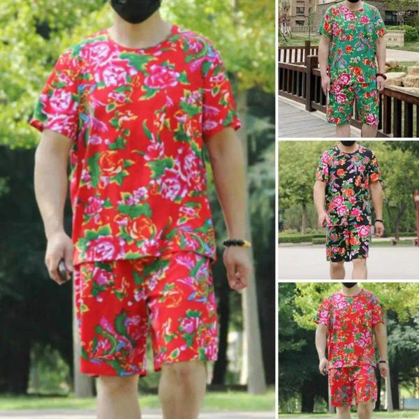 Trechsuits de traje masculino shorts de camiseta definir roupa de estampa floral de estilo étnico chinês com uma perna larga de manga curta de pescoço O para o verão