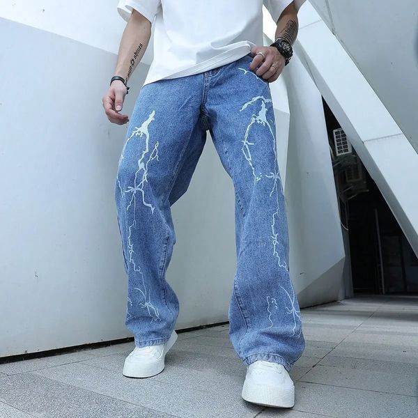 Граффити для печать джинсов мужской градиент хип -хоп брюки гарема мультфильм Свободный случайный лодыжка с полосой голеностоп