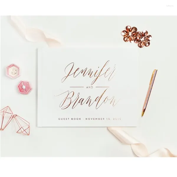 Forniture per feste Personalizzate Rose Gold Wedding Ospite Libro Mr e Mrs Names o Data Guestbook Horizontal Keepsake Rustic Baby Shower