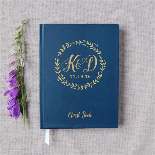 Supplies de festa Livro de convidados de casamento #32 - Livro de visitas de capa dura personalizada personalizada Marinha Gold Wreath Calligr