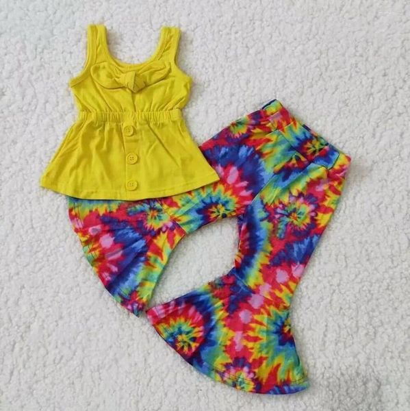 Set di abbigliamento RTS Girls Girls Yellow Bow Weeveveless Tinke Stampa Stripe Western Bell Bottoms Abbigliamento per bambini vestiti per bambini