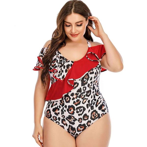 Damen Badebekleidung Leopardenmuster plus Größe One -Stück Badeanzug Frauen Bodysuit von Schulter weiblicher Rüschen Bikinis für Fettbadeanzug2024