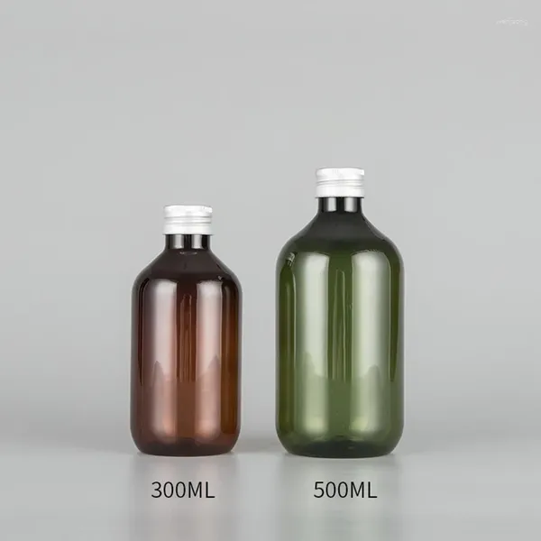 Speicherflaschen 12pcs 300 ml 500 ml leer braun braun grün nachfüllbares kosmetisches Haustier mit silbernen Aluminiumschraubenkappe für Shampoo Duschgel