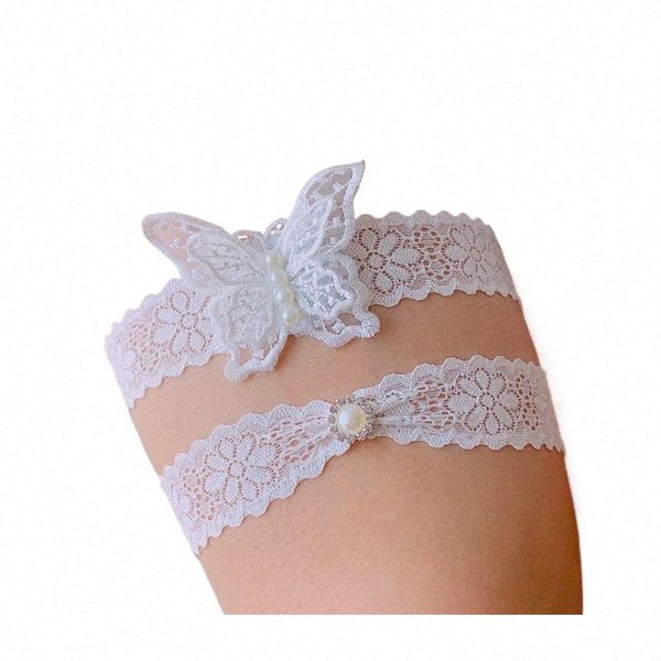 Kyunovia Wedding Marestrestrello Giarretto da sposa Stretch Lace Bridal Garter Set Design a farfalla con spilla perla per matrimonio qualcosa blu KG02 N8XZ#