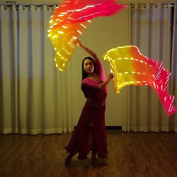 Bühnenbekleidung LED LED Echte chinesische Seidenfans Bauch Tanzkostüme Party Show 180 cm 1 Paar Fan -Schleier für