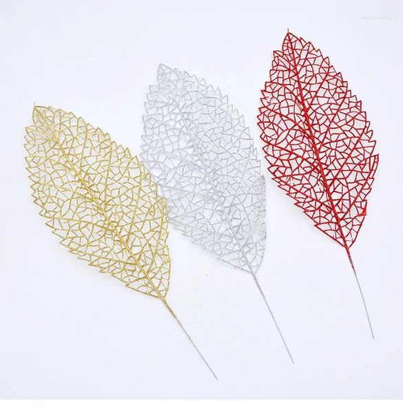 Fiori decorativi 15 pezzi 30 cm per decorazione natalizia foglie di natale in plastica artificiale foglie di polvere d'oro in polvere argento rosso