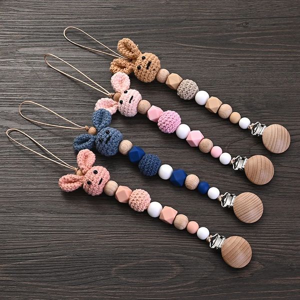 Bebê chupeta de madeira clipe de madeira de crochê de coelho de dentição Soother Chain para um suporte de brinquedo para mastigação de enfermagem gratuito Y240409