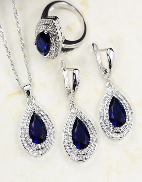 Bague Ringen Wassertropfen geformt Saphir Silber 925 Schmucksets für Frauen Blau Edelstein Ringohrringe Halskette Armband Hochzeit M3461539
