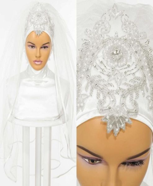 Veli da sposa del matrimonio musulmano 2022 Rinastone Cristalli di hijab nuziale copritura del gomito Turbano islamico per spose 2layers H6867740