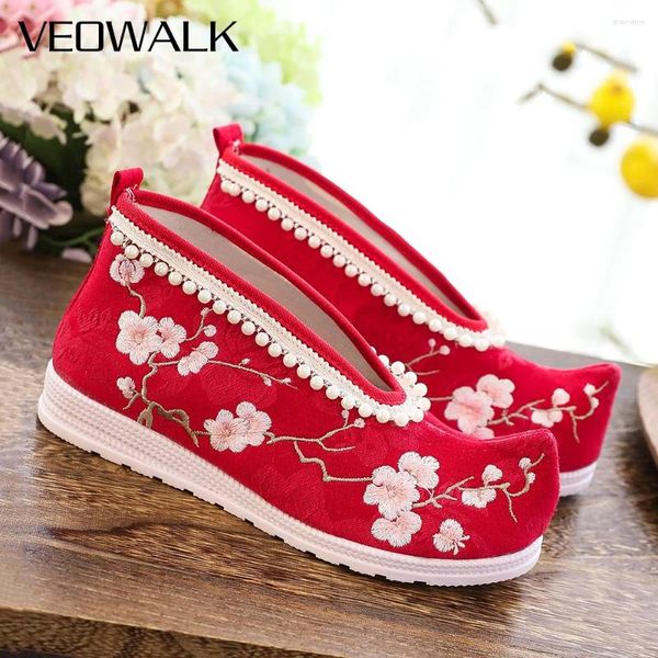Sapatos casuais veowalk ameixa flor bordada mulher apontada roe hanfu com pérolas cadeias retro estilo chinês confortável senhoras