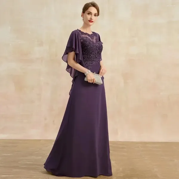 Partykleider 2024 Trauben Vintage Purple Mutter von Brautkleid Juwelenspitzen Applikationen Kurzärmel Chiffon A-Line Godmutter Hochzeitskleider