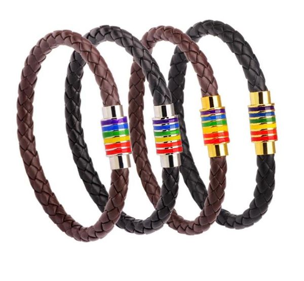 Vera pelle arcobaleno arcobaleno LGBT FASH FAMT Braccialetti per donne uomini gay lesbica in acciaio inossidabile in acciaio magnetico braccialetta