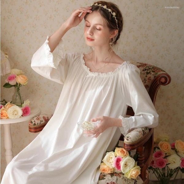 Momente para dormir vestido de algodão vintage Vestido noturno solto Mulheres Primavera Autumn Kawaii Ruffles