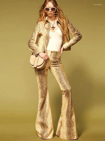 Calça de duas peças feminina High Street Est 2024 Designer Suporte de designer Conjunto de jaqueta de couro com pele de cobra