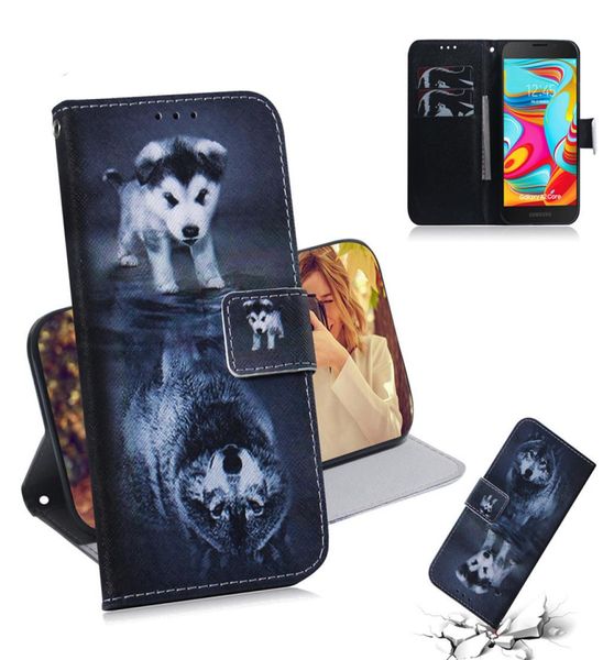 Корпус кошелька для Samsung Galaxy A2 Core Filep Cover, продавая цветные рисунки Wolf Tiger Lion Owl Dog с дизайном карт1749443