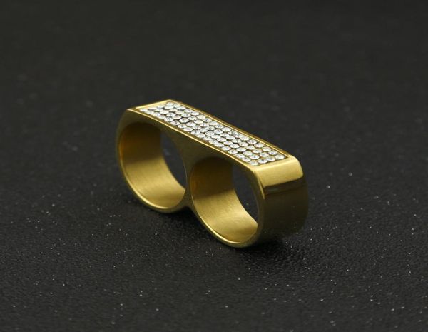 Moda de dedo duplo de dedo duplo jóias de hip hop de alta qualidade gelada em aço inoxidável anéis de ouro6597609
