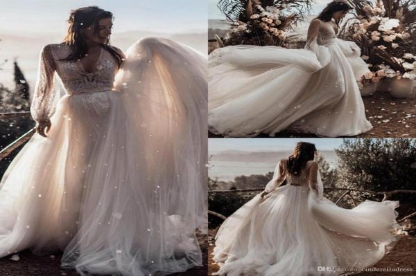 Vestidos de noiva de praia de duas peças de duas peças românticos de duas peças de mangas compridas boho vestidos de noiva baratos vestidos de noiva vestidos de novembro8687639