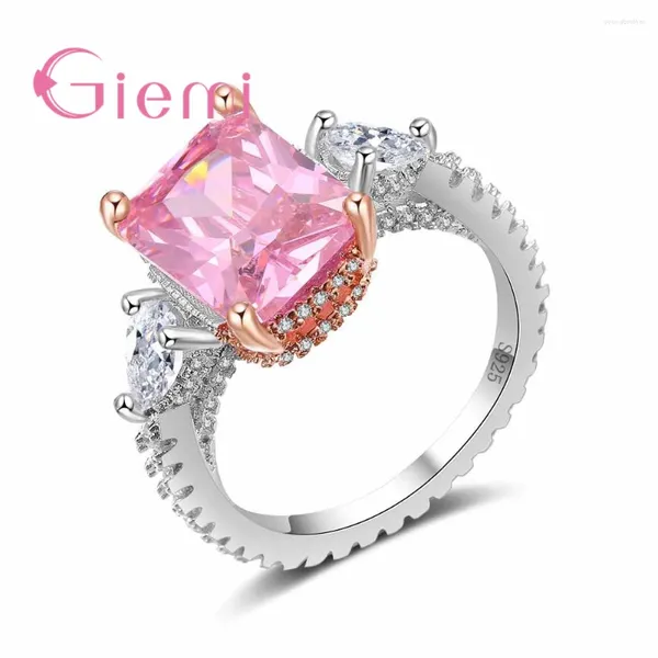 Ringos de cluster mulheres amantes Ture Love Ring Pink Clear Zircon Jóias quadradas Engajamento de casamento Real Silver