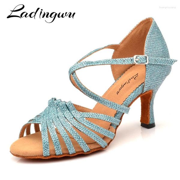 Scarpe da ballo Ladingwu Salsa Women Women Light Blue glitter stoffa latina Ballroom Party Much Bottom Tacco 6-10 cm