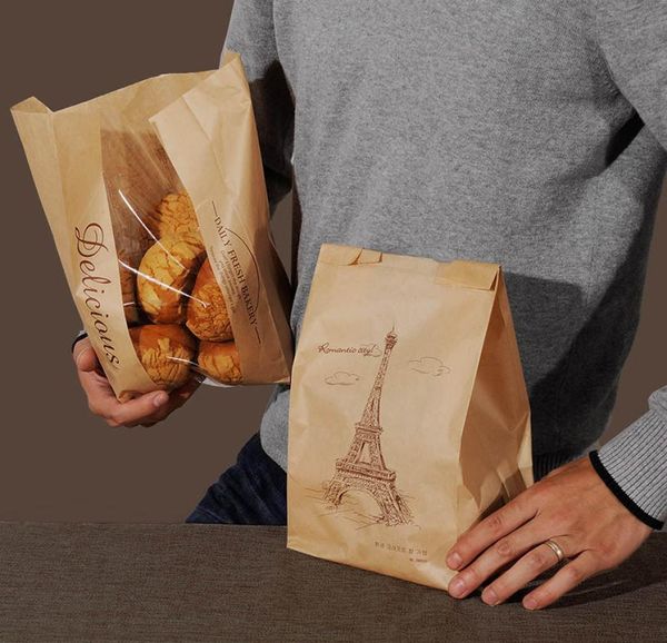 33x16x11cm Food Grade Kraft Paper Cookie Toast Bread Bag mit Fensterbraunem Paket für Bäckerei Eiffelturm 50pcs2188645