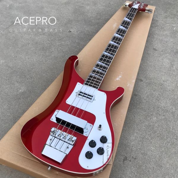 Guitarra de cor elétrica de cor vermelha metálica de guitarra hardware cromado 22 trastes 4 string bass elétrico pickguard branco