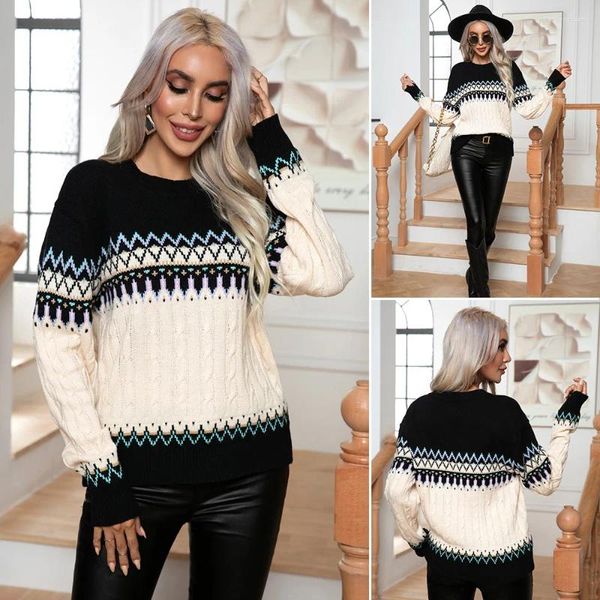 Damen Hoodies Schwarzweiß kontrastierender gestrickter Pullover für Frauen Vintage Gedruckt runden Hals Langarm warm warm 2024 Herbst Winter