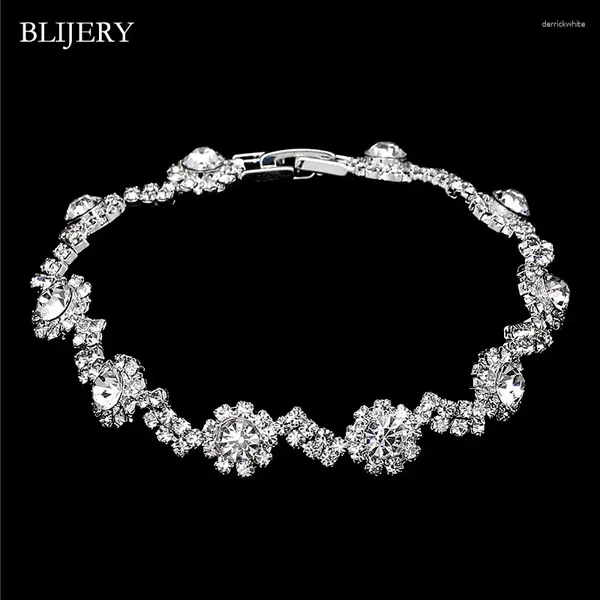 Pulseiras de link Blijery Wave Shape Bracelet for Women Silver Color Crystal Bangles