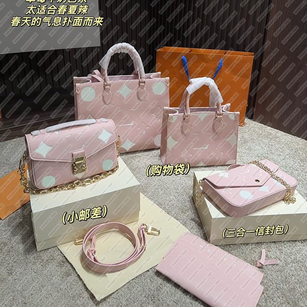 Pink -Einkaufstaschen Frauen Handtaschen große Kapazität Designer -Taschen Umhängetaschen geprägt Blume Crossbody Bag Messenger Bag Echtes Leder -Einkaufstasche Kette 3pcs/Set