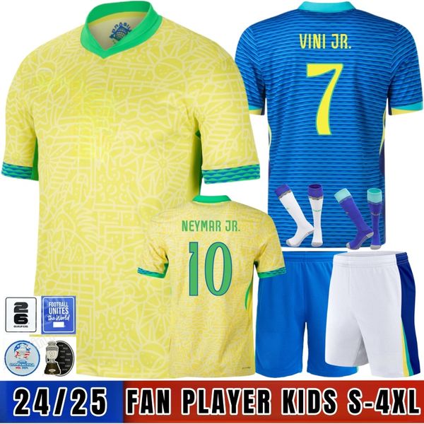 Jersey de futebol brasileiro 2024 Copa America Cup Neymar Vini Jr Kit Kit Sets Brasil National Team Football camisa 24/25 de casa fora mulheres mais tamanho 4xl Rodrygo Martinelli