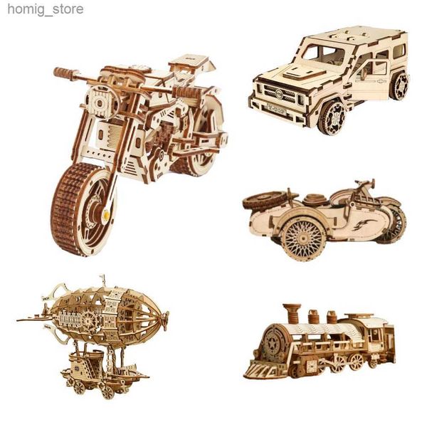 3D -Rätsel Art 3D -Holzrätsel Puzzles für Kinder zusammenstellen DIY Mechanical Models Blöcke Spielzeug zum Bau von Jungen Motorradluftschiffautos Trainer Y240415