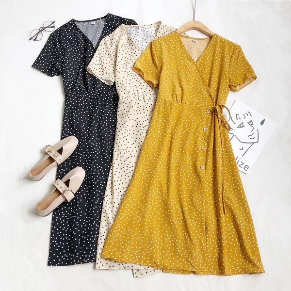 Abiti casual abito estivo vintage per donne a v-collo a polka dot maniche corta femmina lace-up single a petto a metà lunghezza di vestidos dropship