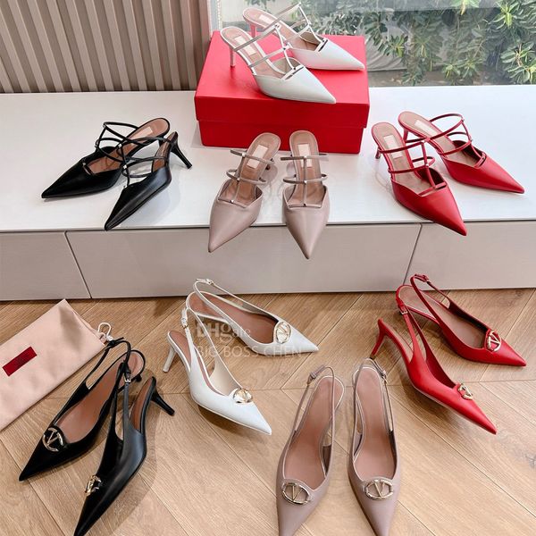 Top Rivet Mules Slippers Slingback STILETTO High Heels Sandália Pontos pontudos dos dedos de couro genuíno Sapatos de vestido de luxo de luxo calçados de fábrica de calçados de designer de luxo
