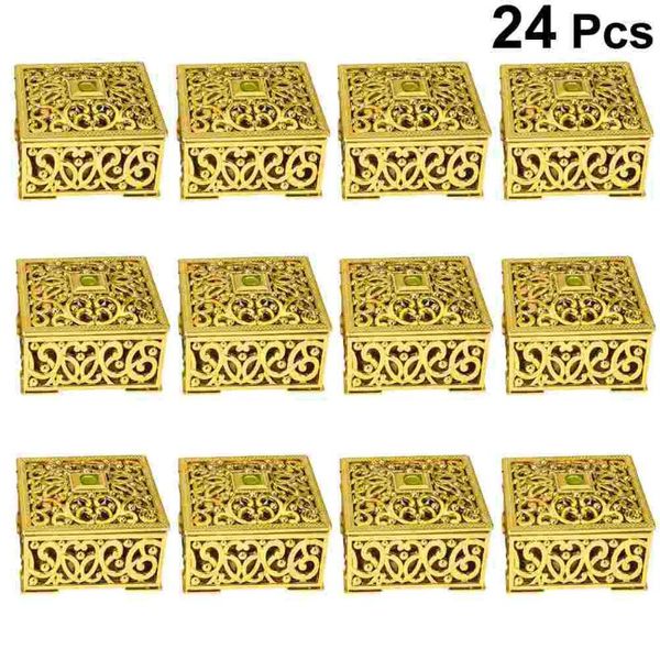 Brocada de presente 24pcs Hollow Out Flower Pattern Boxes Square Mini Plastic Candy Packaging Case Party Favors (Golden)