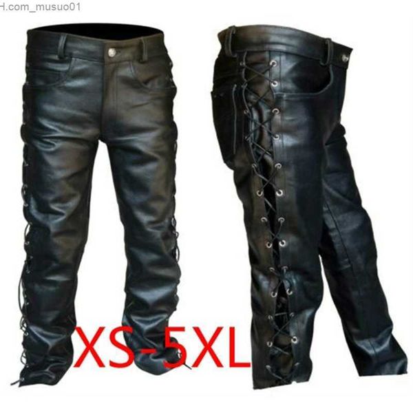 Herrenhosen Herrenhosen Schnürung Lederhosen Motorrad Punk Schwarze Hosen für Männer Mode Winter große und große Herren Kleidung Pantalon Homme Hosen 230906L2402