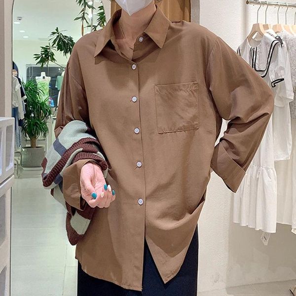 Bloets feminina Button-up Office de algodão Mulheres Mulheres sólidas Camisa branca de manga longa Bolsa simples Blusa casual solta 25840