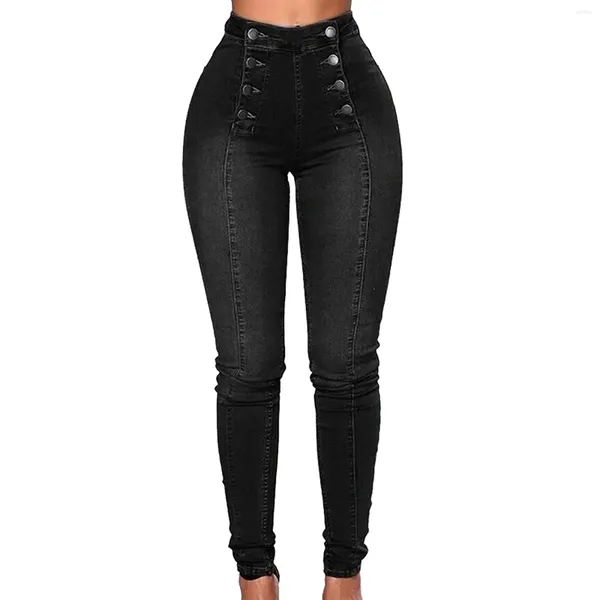 Jeans femininos Lápis vintage para mulheres Botão de peito duplo de cintura alta Slim Feck Deinm Calça Ladies Denim Troushers Vaqueros