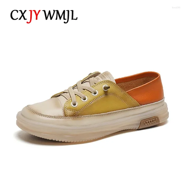 Sapatos casuais cxjywmjl tênis da quadra de cheiro de gola para mulheres genuínas de couro genuíno vulcanizado Ladies Spring Sports Skate Shoe Lace-up