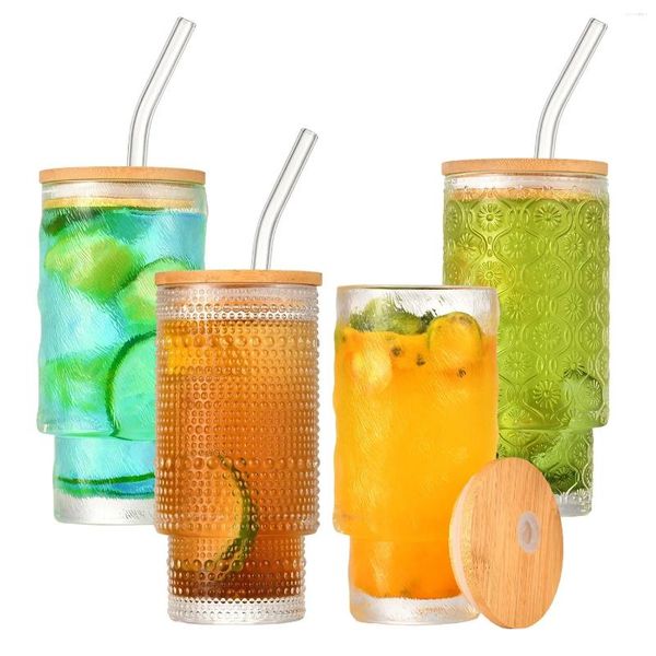 Lagerflaschen Bambusabdeckung Glas Getränke Gläser versiegelter Tasse mit Strohbierbechern 320 ml 11 Unzen 4 Einheiten