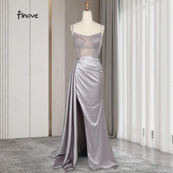 Vestidos de festa FINOVE 2024 PROM BEADS COM PEARLS SPAGHETTI Strap Split vestidos sexy para mulheres