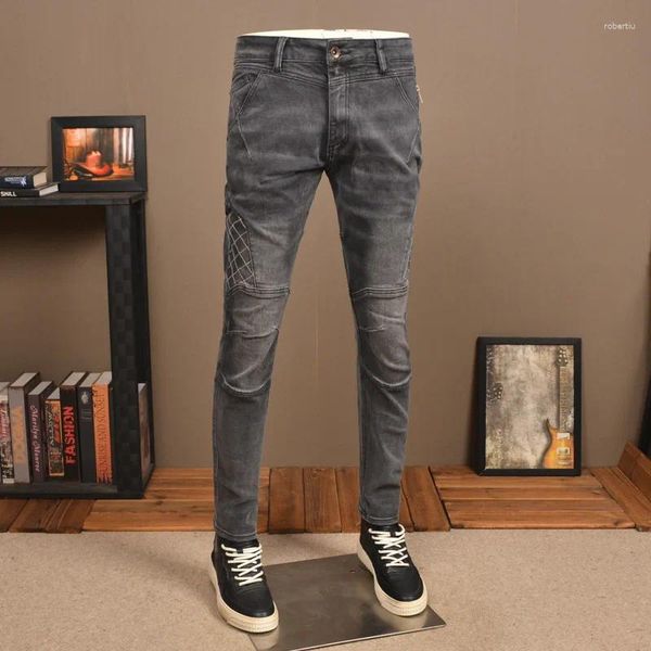 Jeans masculinos costura preta e cinza Moda magra elástica Slim Fit Retro lavado calças de motocicletas casuais