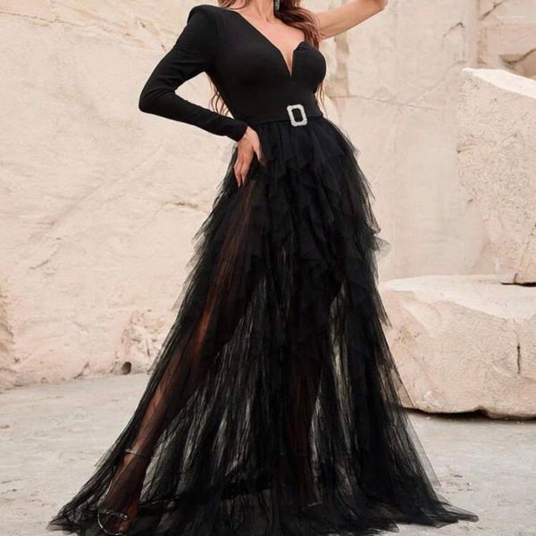 Partykleider Florine Tulirain bodenlange A-Line One-Shoulder Evening Kleid High Split Black Tulle Elegant Belt Prom Kleid für sexy Frauen